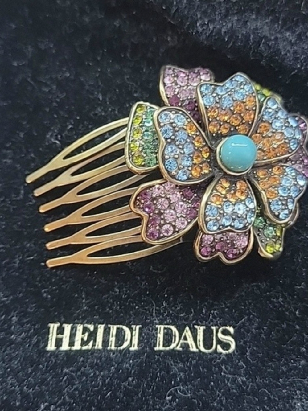 Heidi Daus Multicolor Crystal Floral Hair Comb with Turquoise Center